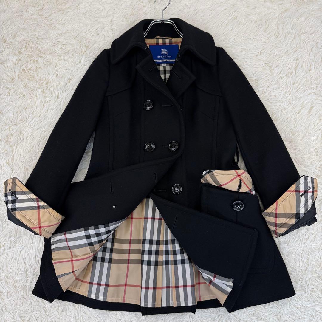 極美品 バーバリーブルーレーベル ウールコート アンゴラ チェック ダブル 黒