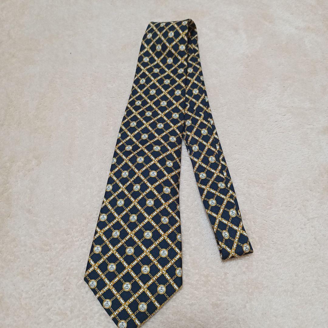 【美品】CHANEL・シャネル・ネクタイ・チェーン・ココマーク・ブラック総柄