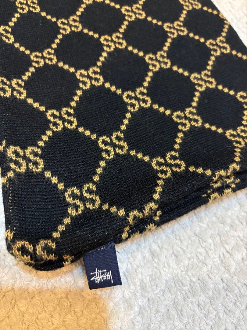 【美品】OLD STUSSY ロゴ モノグラムマフラー 黒