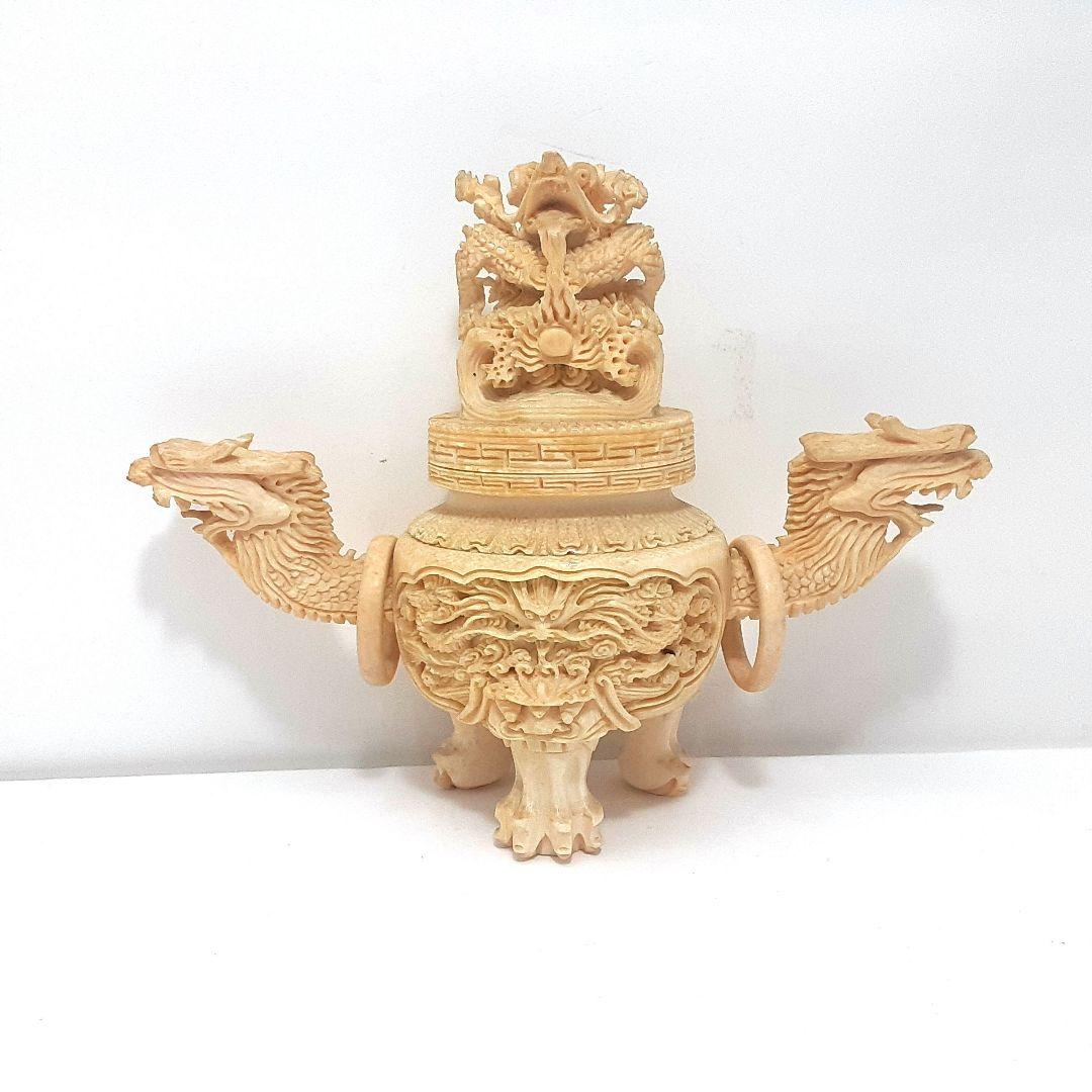 Y1180 極上 彫刻 細密造 龍細工 獅子香炉 重量186g 高さ12.5㎝