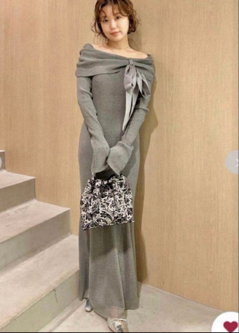 fray id オフショルリボンリブニットワンピース