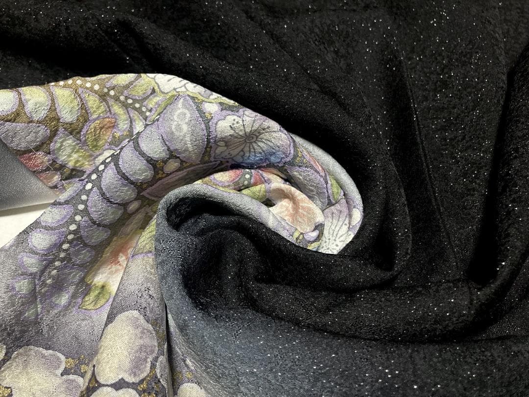 未使用 辻が花 絞り 銀通し 訪問着 正絹 袷 黒 紫 パステルカラー 1373