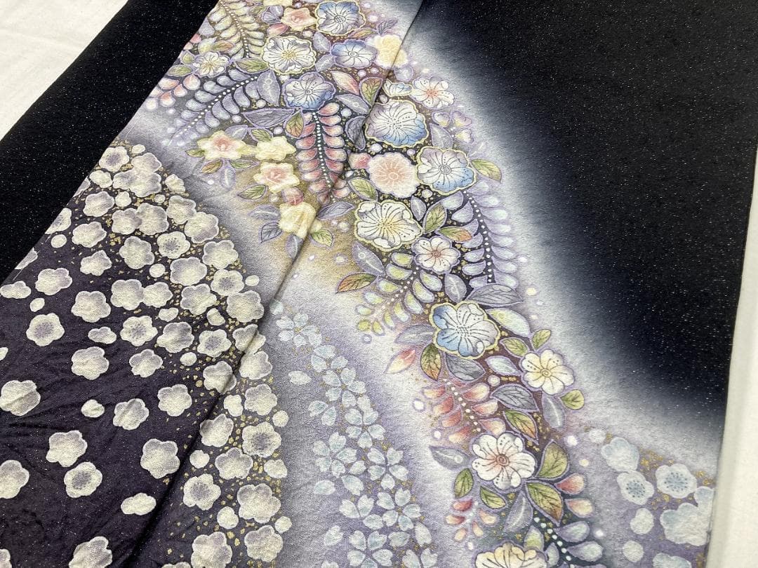 未使用 辻が花 絞り 銀通し 訪問着 正絹 袷 黒 紫 パステルカラー 1373