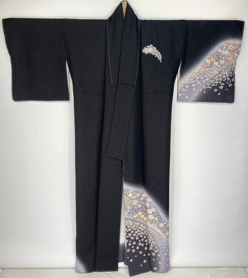 未使用 辻が花 絞り 銀通し 訪問着 正絹 袷 黒 紫 パステルカラー 1373