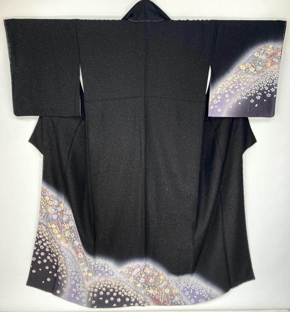 未使用 辻が花 絞り 銀通し 訪問着 正絹 袷 黒 紫 パステルカラー 1373