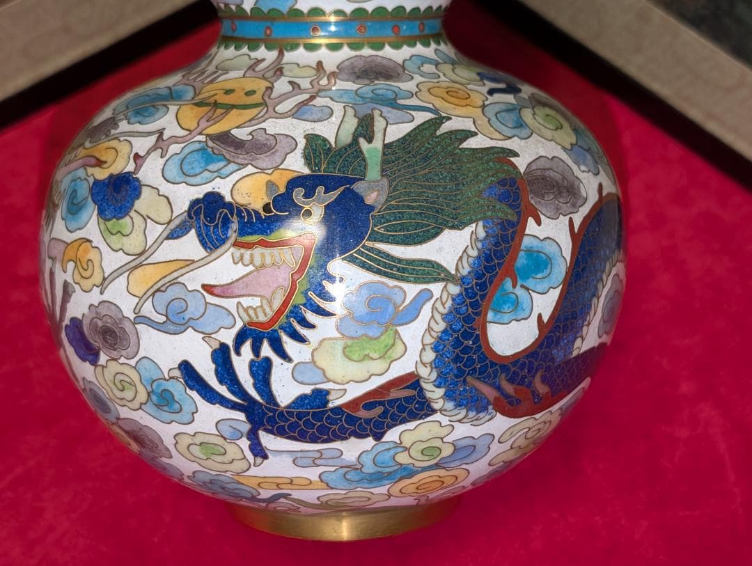 古美術　飾り壺　花瓶　一輪挿し　七宝　瓢箪　雲龍絵　レア　台付