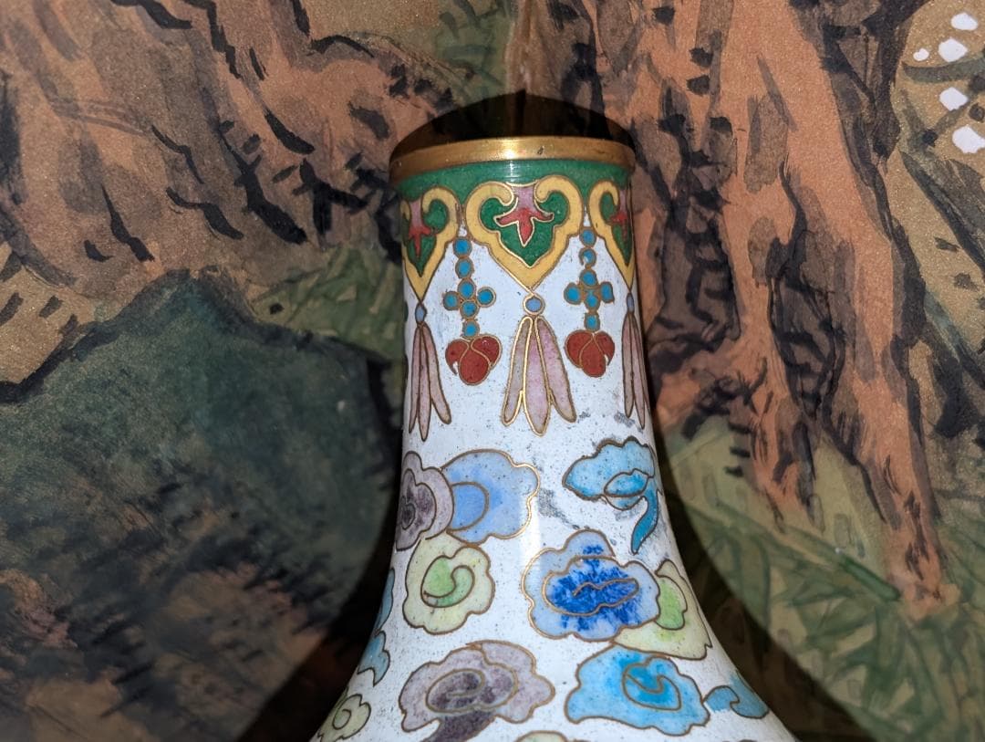 古美術　飾り壺　花瓶　一輪挿し　七宝　瓢箪　雲龍絵　レア　台付