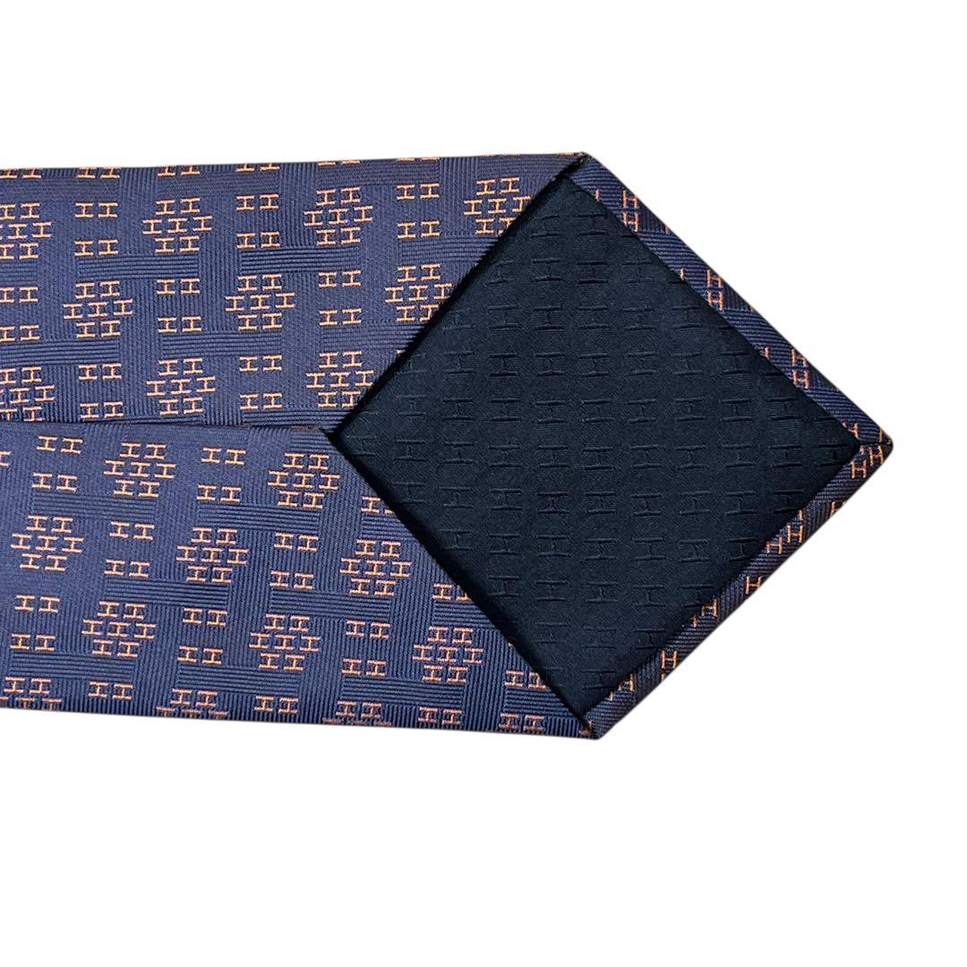 極美品　現行　エルメス　ネクタイ　紺　オレンジ　H柄　総柄　ジャガード