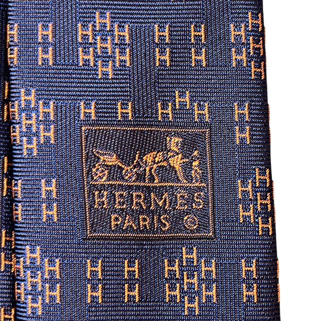 極美品　現行　エルメス　ネクタイ　紺　オレンジ　H柄　総柄　ジャガード