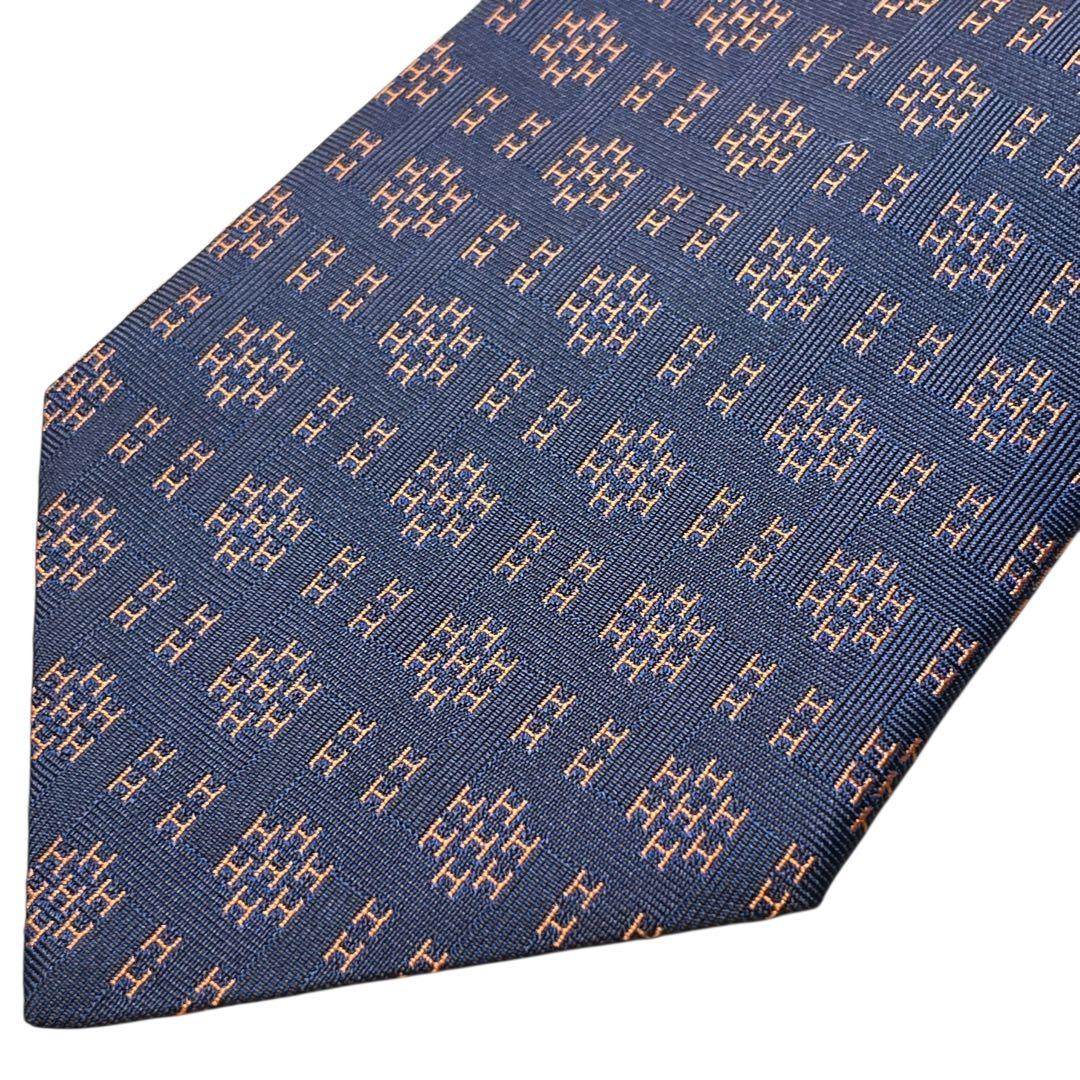 極美品　現行　エルメス　ネクタイ　紺　オレンジ　H柄　総柄　ジャガード