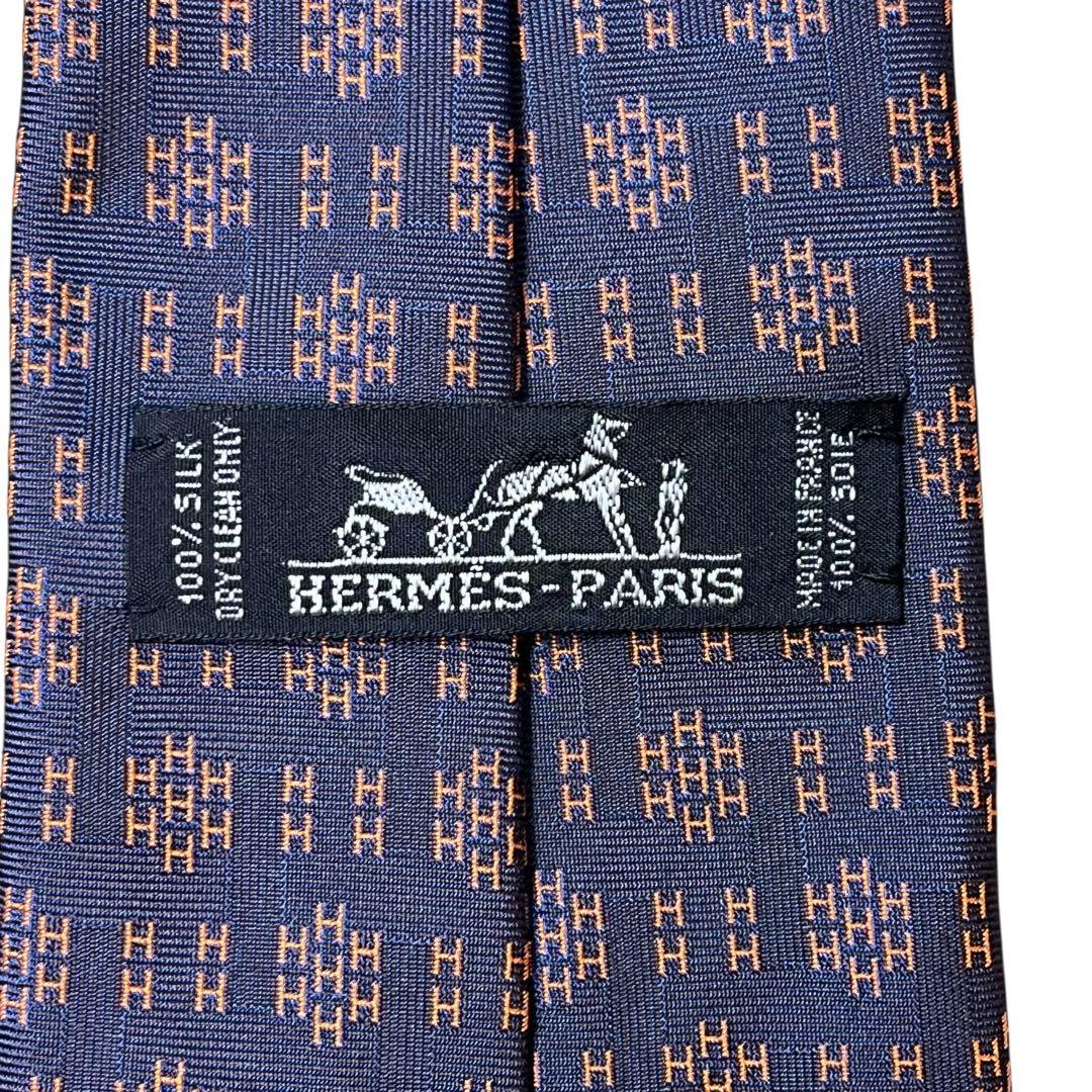 極美品　現行　エルメス　ネクタイ　紺　オレンジ　H柄　総柄　ジャガード