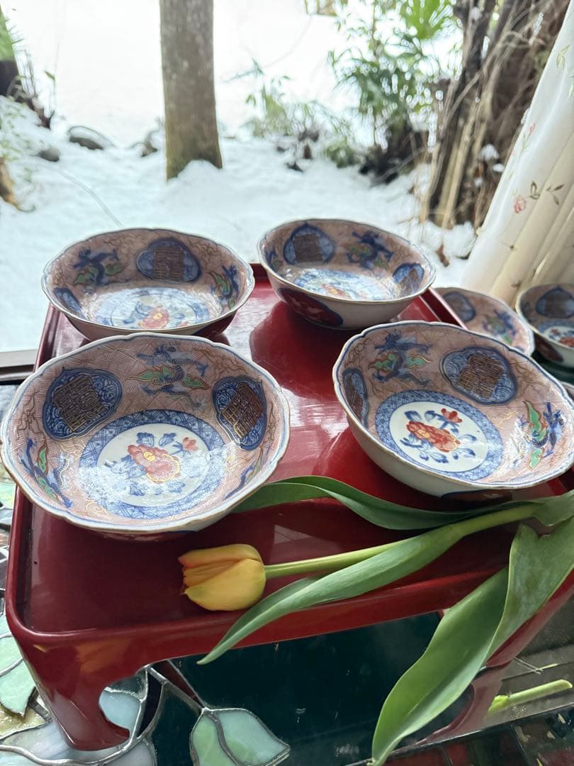 M様へ感謝お嫁入り‼️強運献上手大聖寺伊万里錦手Dragon❌牡丹龍　靏膾皿鉢2客