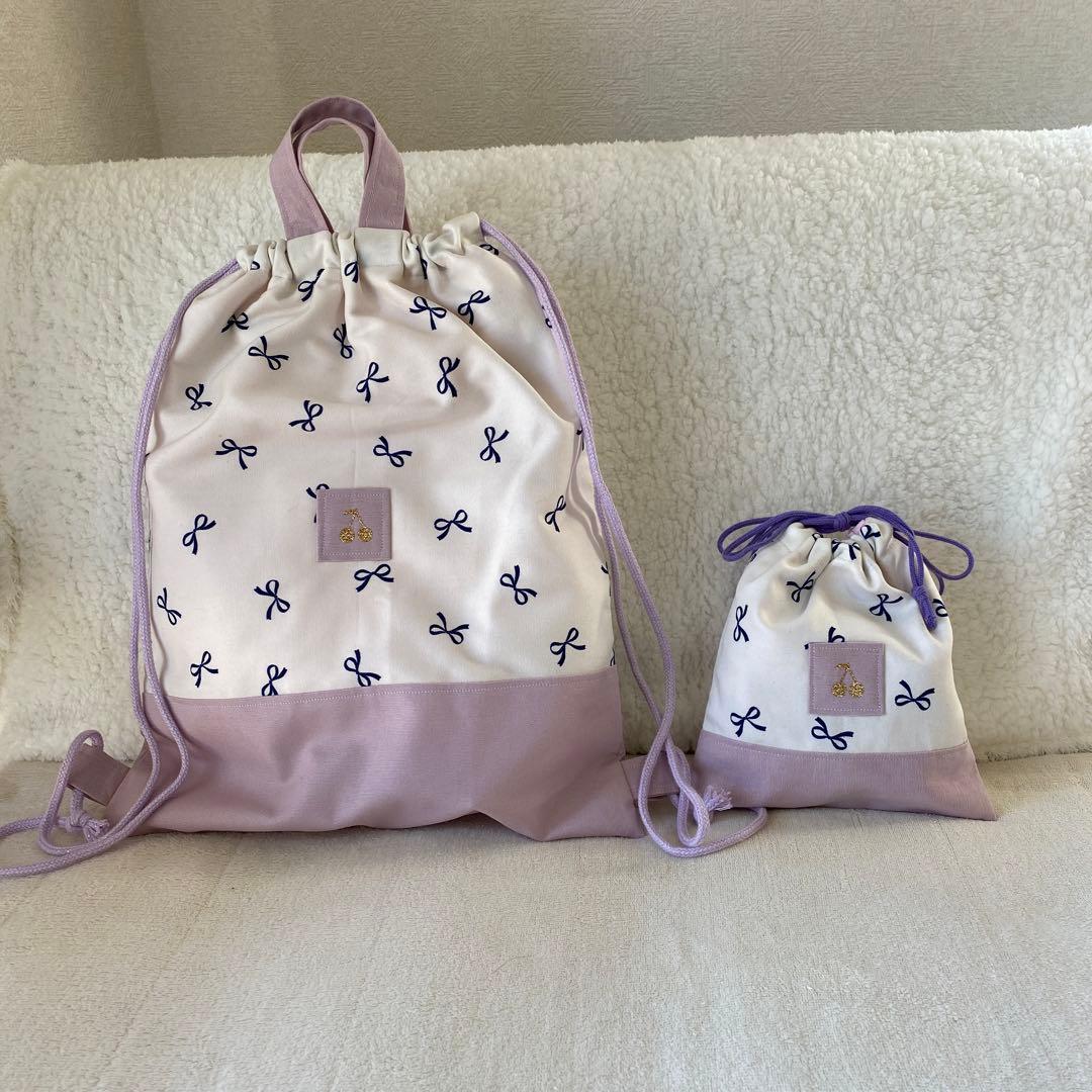 レッスンバック　女の子　上履き入れ　体操服袋　給食袋　リボン　ハンドメイド