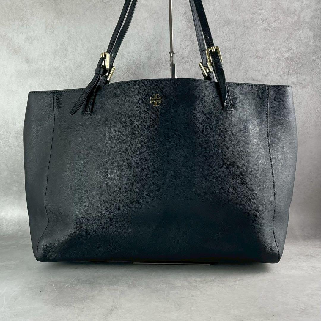 美品✨A4可 トリーバーチ トートバッグ オールレザー 肩掛け ロゴ金具 黒
