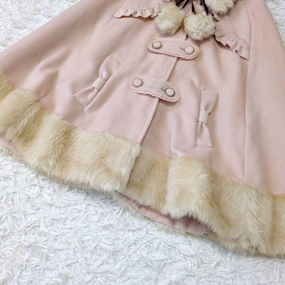 アンクルージュ ファー付 トリプルリボン ポンチョコート ケープ ピンク 春秋冬