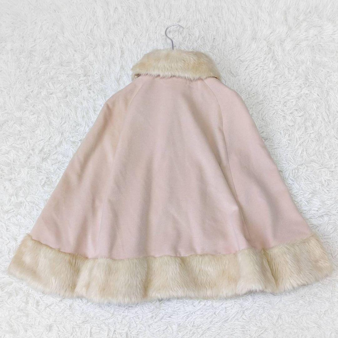 アンクルージュ ファー付 トリプルリボン ポンチョコート ケープ ピンク 春秋冬