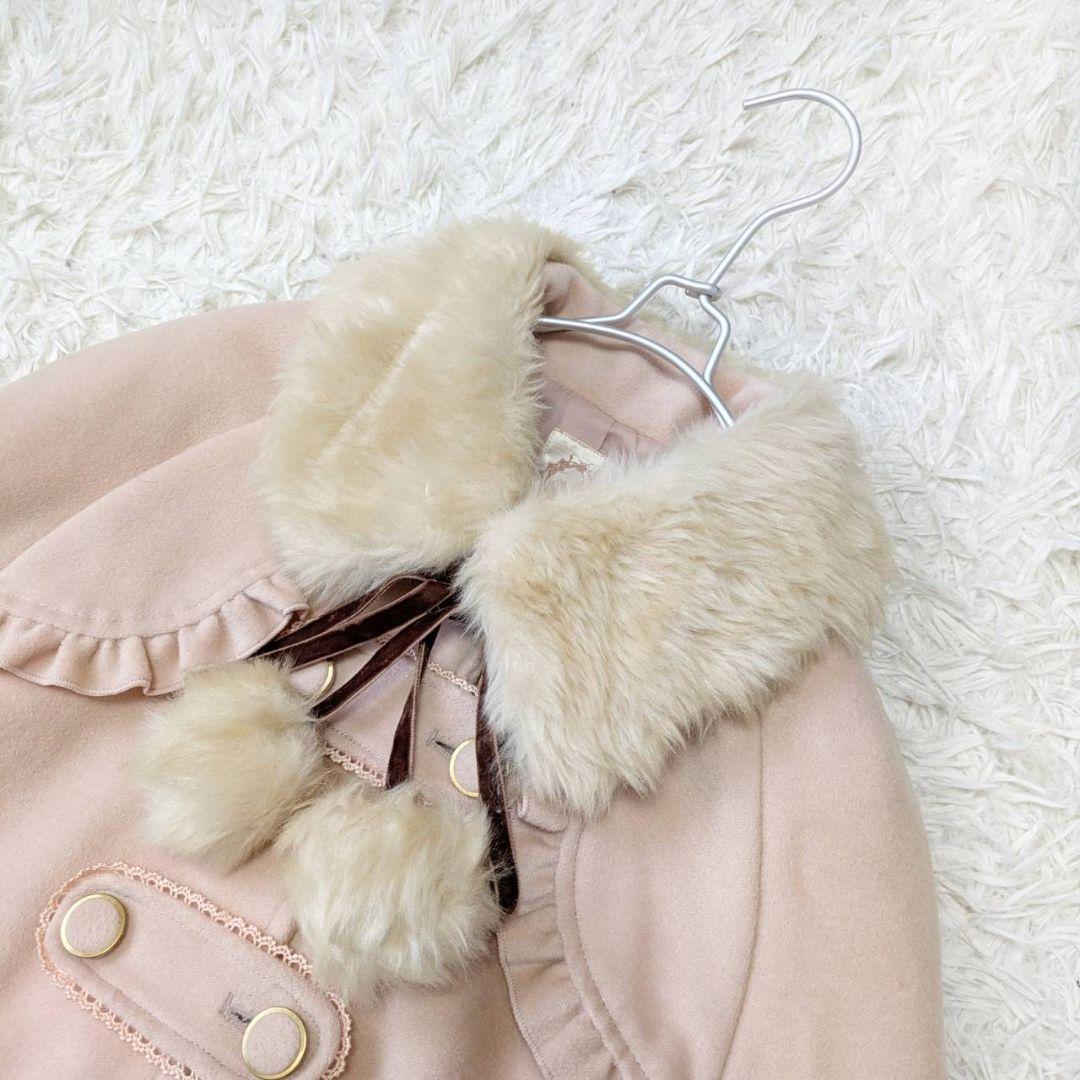 アンクルージュ ファー付 トリプルリボン ポンチョコート ケープ ピンク 春秋冬