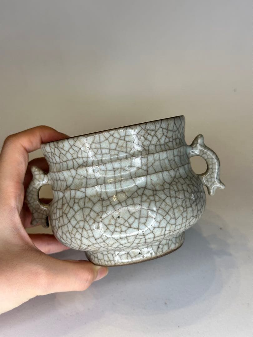 中国骨董 清代 哥窯 双耳香炉 陶磁器 置物 コレクション用 香道具