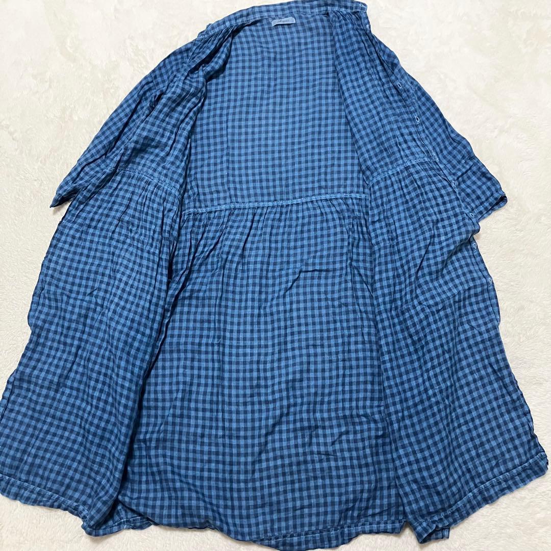 極美品 ICHI Antiquites リネン チェック シャツ ワンピース 青