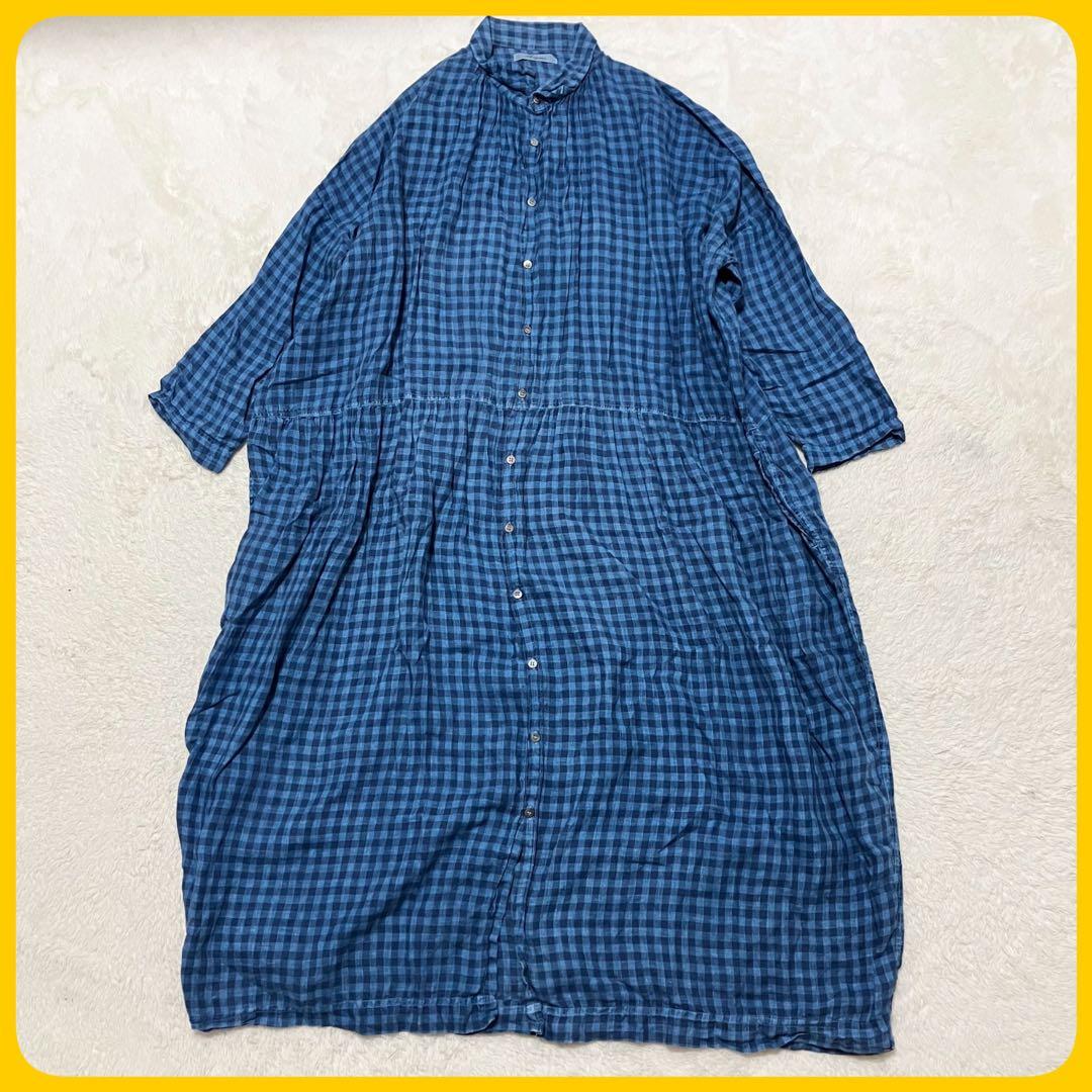 極美品 ICHI Antiquites リネン チェック シャツ ワンピース 青