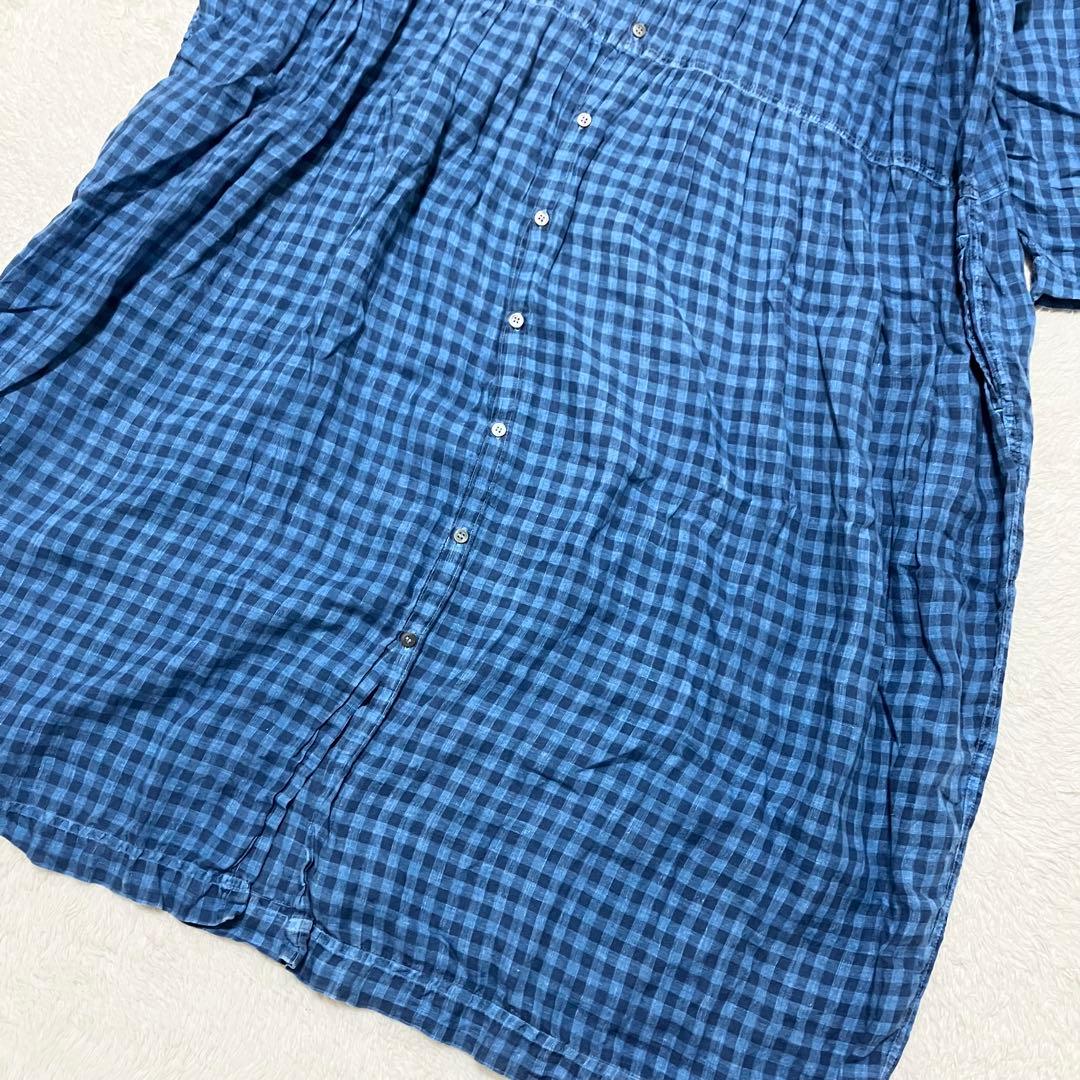 極美品 ICHI Antiquites リネン チェック シャツ ワンピース 青
