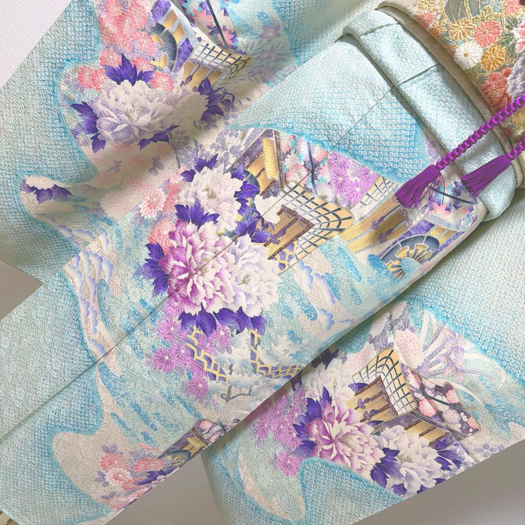 4 振袖フルセット 正絹 難あり 水色 紫 ピンク 銀彩 絞り 小柄さん レトロ