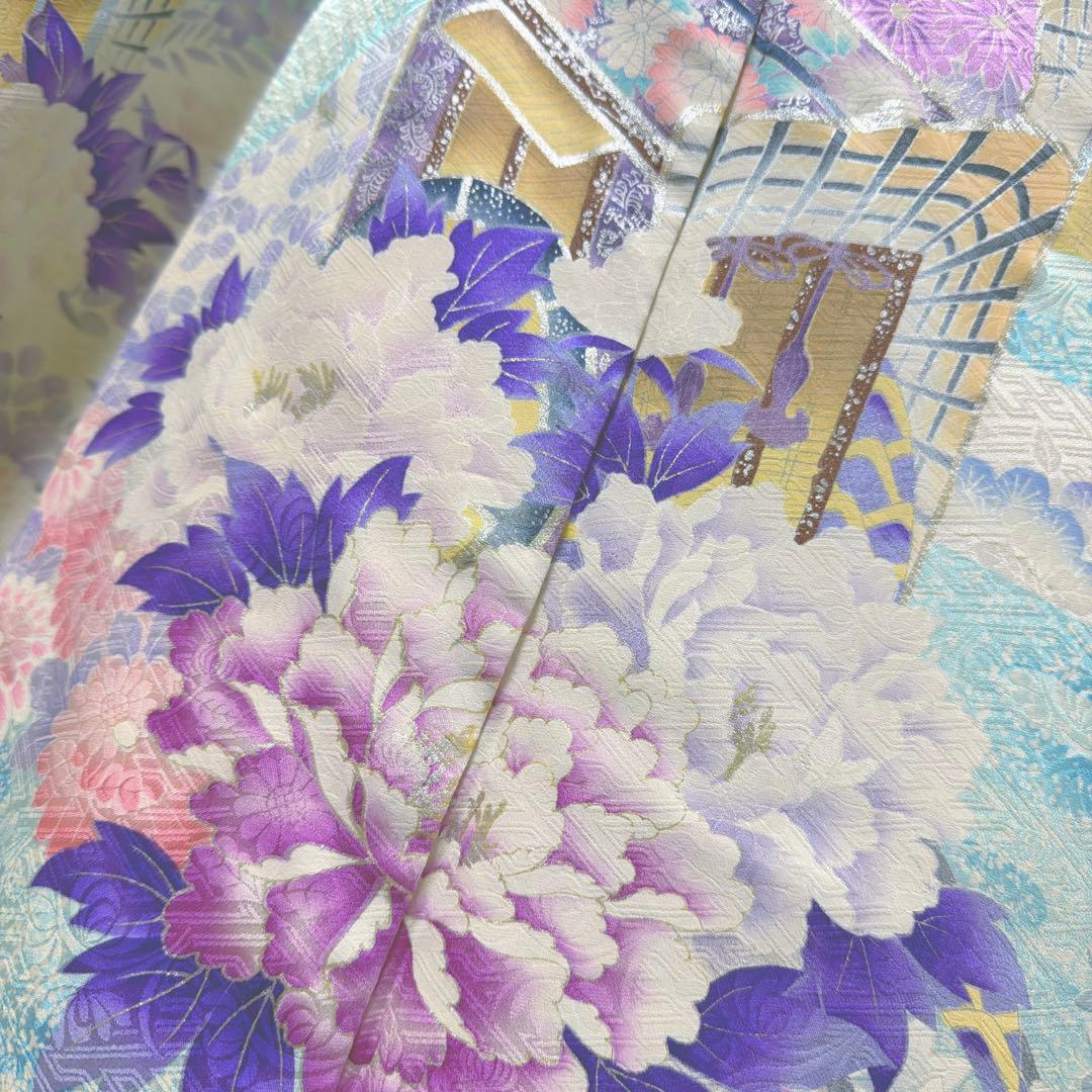 4 振袖フルセット 正絹 難あり 水色 紫 ピンク 銀彩 絞り 小柄さん レトロ