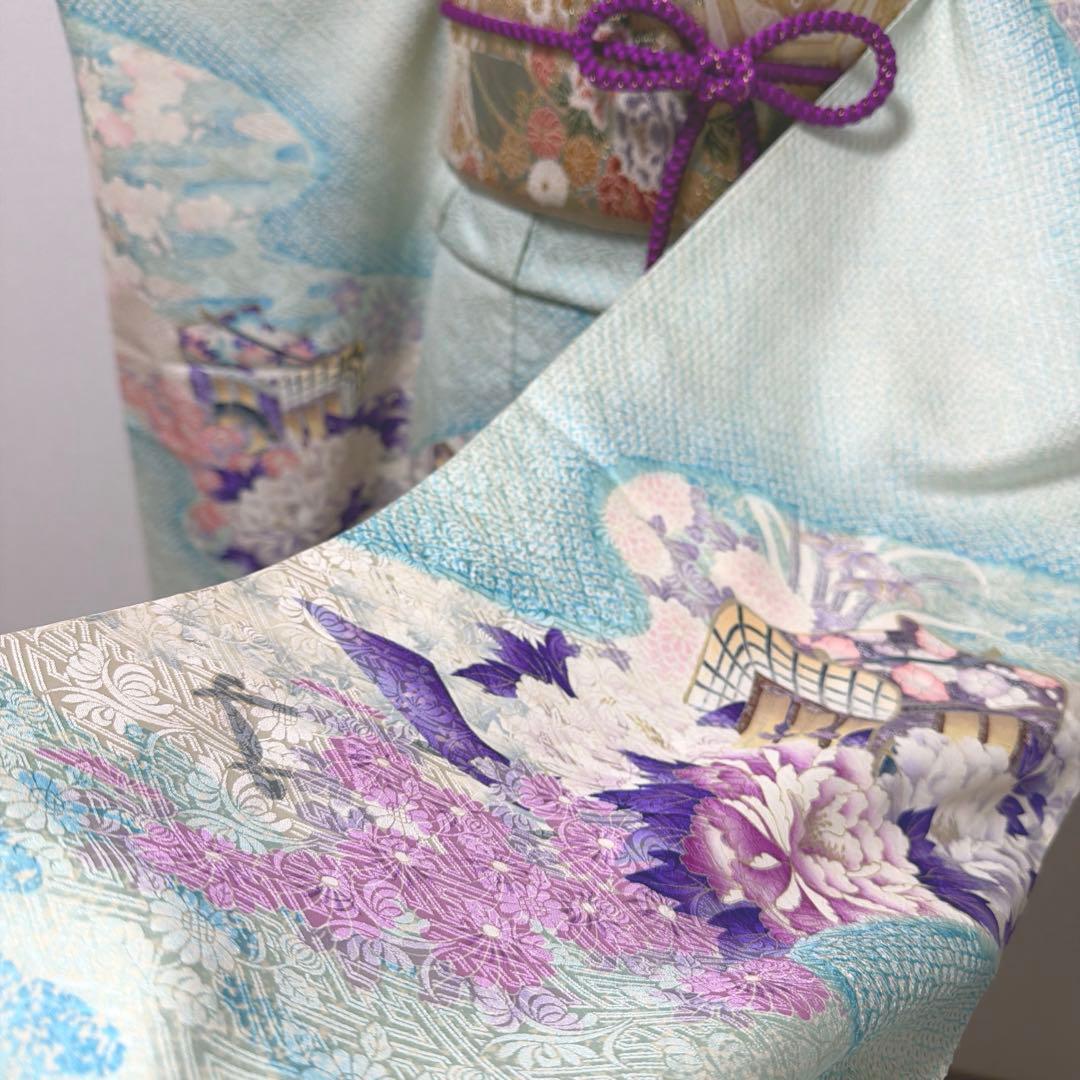 4 振袖フルセット 正絹 難あり 水色 紫 ピンク 銀彩 絞り 小柄さん レトロ