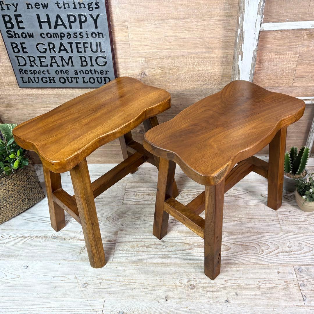 オールドチーク天然無垢材ベンチスツールワイド2点セットサイドテーブル飾り台置き台