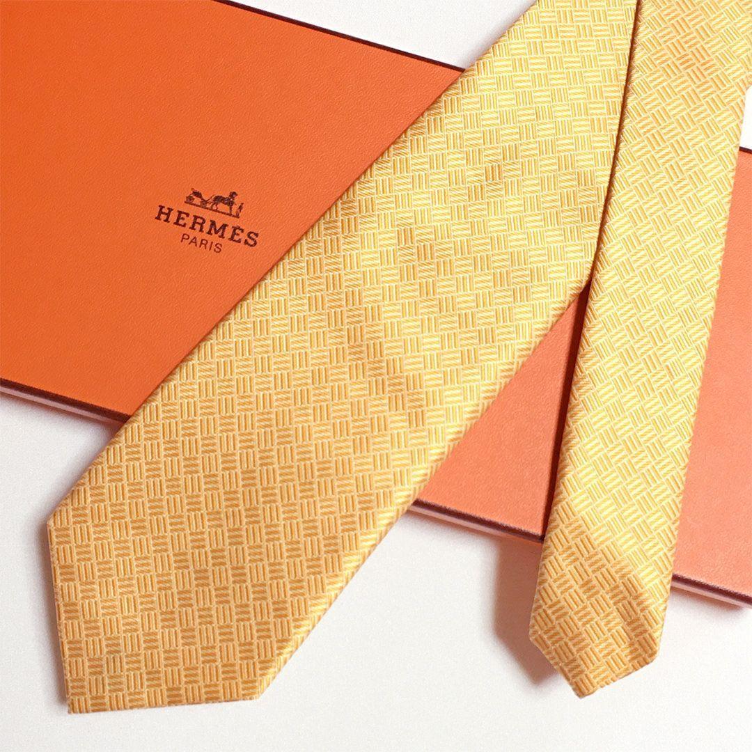 未使用級 エルメス HERMES ネクタイ シルク オレンジ 総柄