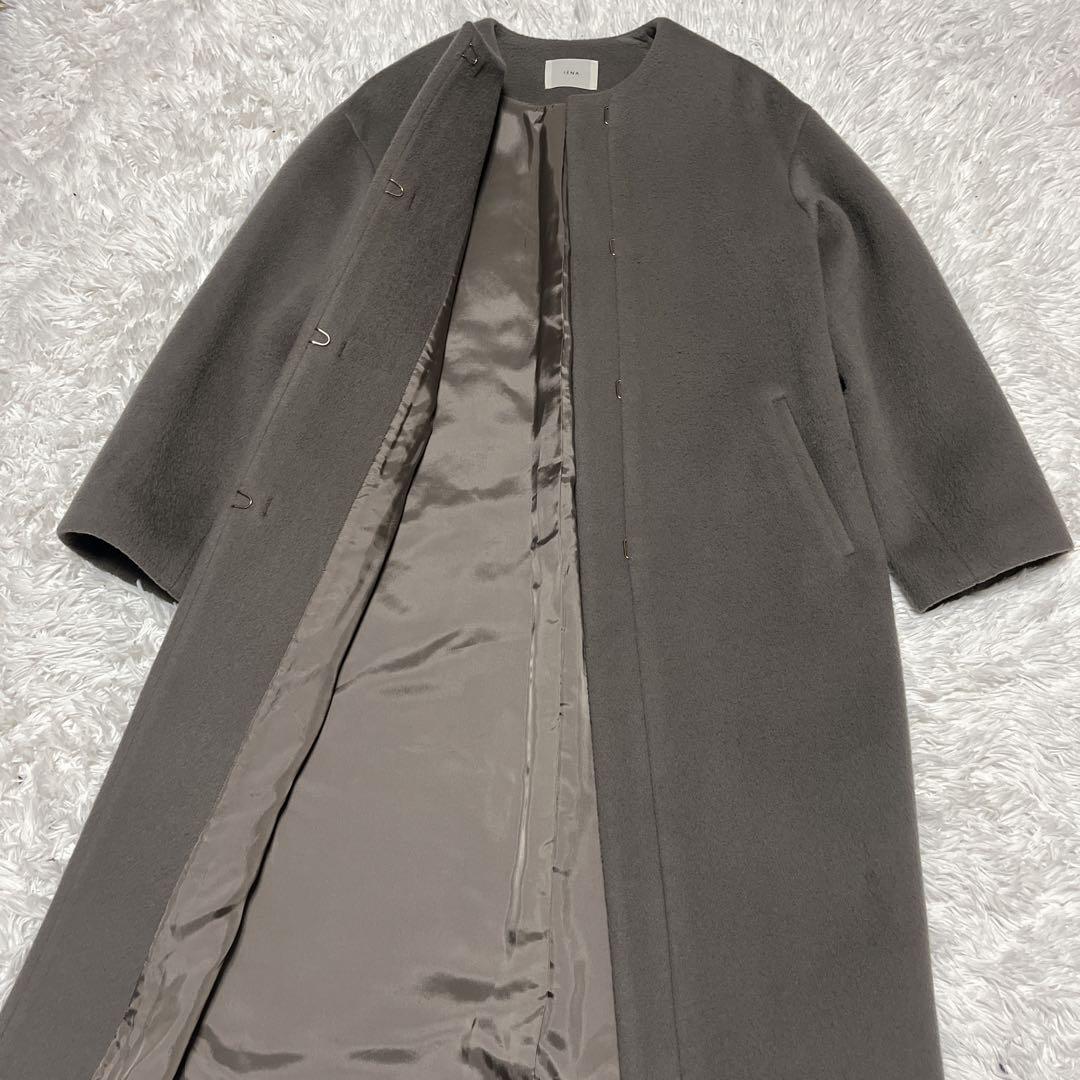 【美品】 IENA イエナ ラムウール ノーカラーロングコート チャコールグレー