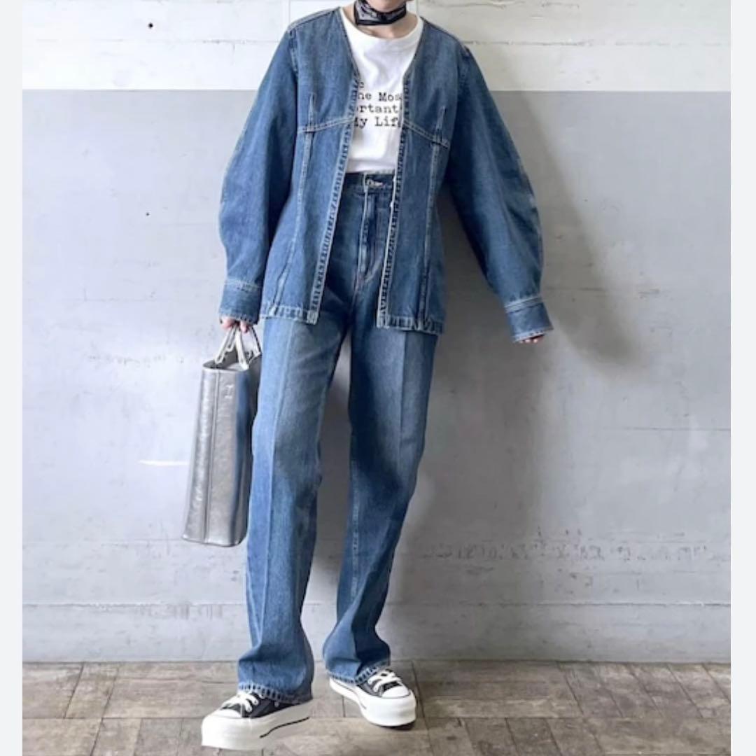 アダムエロペ フロント ホック デニム ブラウス＆パンツ セットアップ 2025