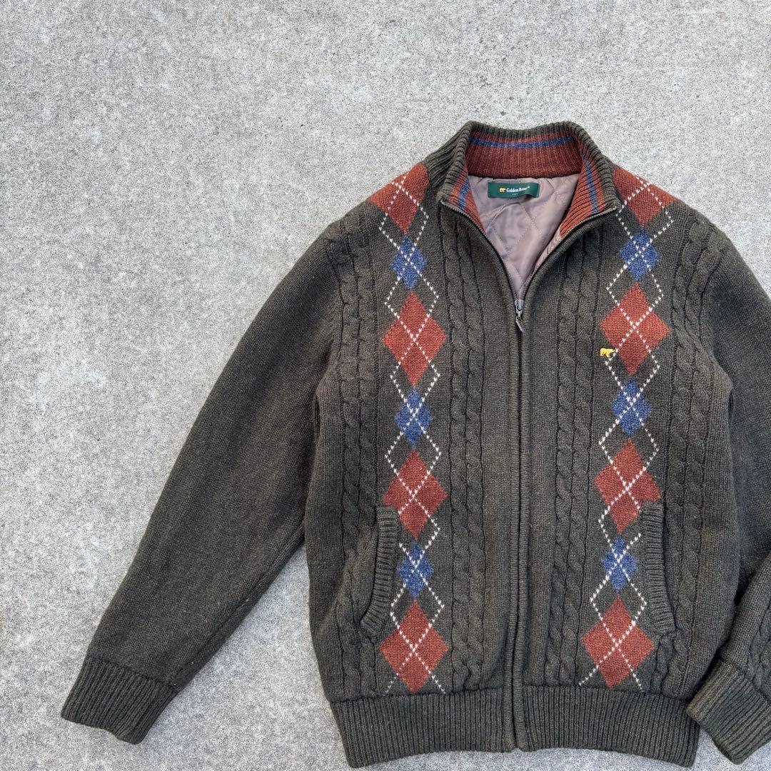 vintage ニット ジップブルゾン カーキ アーガイル アメカジ カジュアル