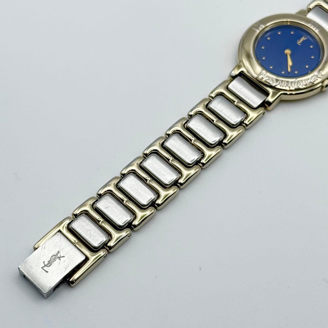 ✨新品電池・稼働✨サンローラン 腕時計 クォーツ ラウンド コンビ 青文字盤