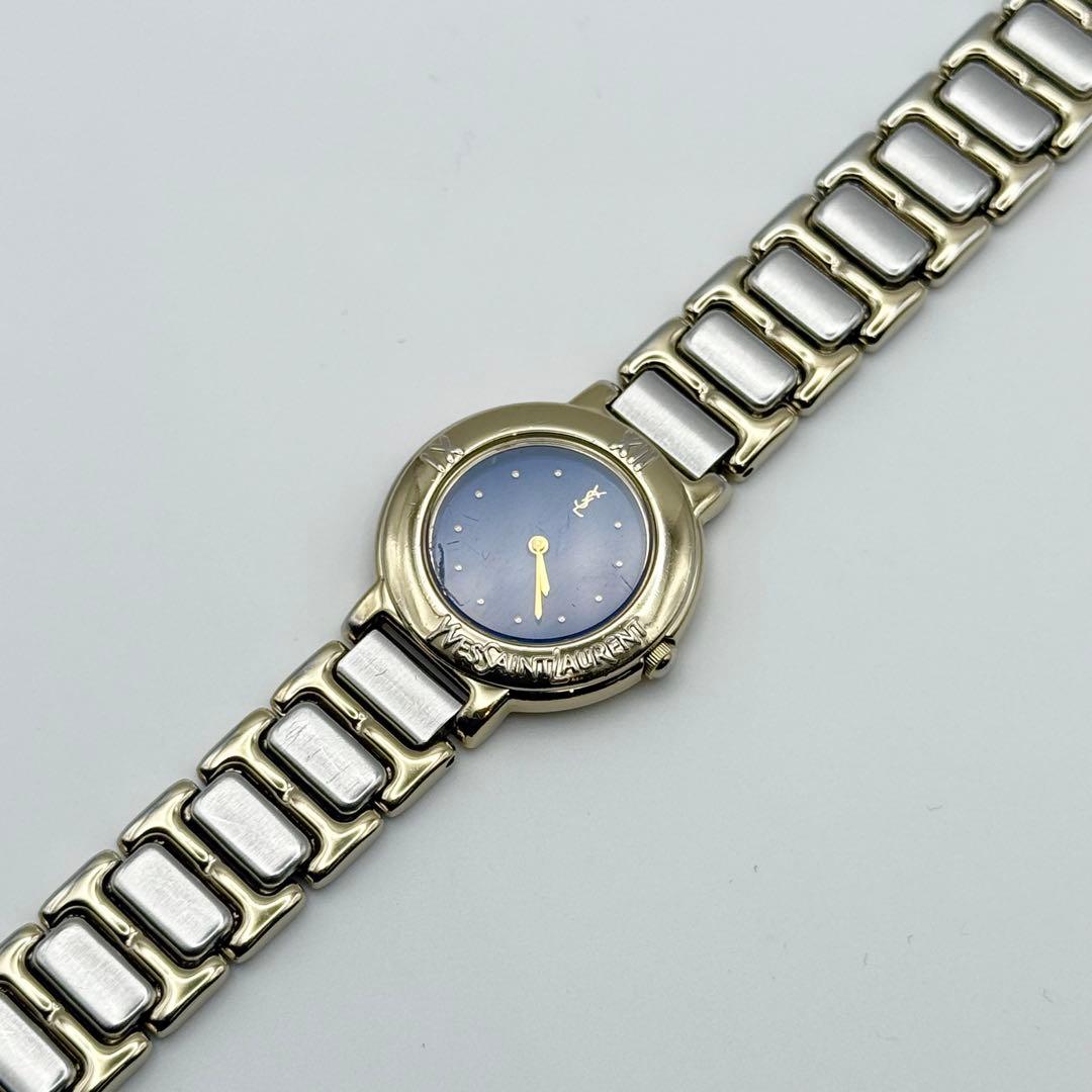 ✨新品電池・稼働✨サンローラン 腕時計 クォーツ ラウンド コンビ 青文字盤