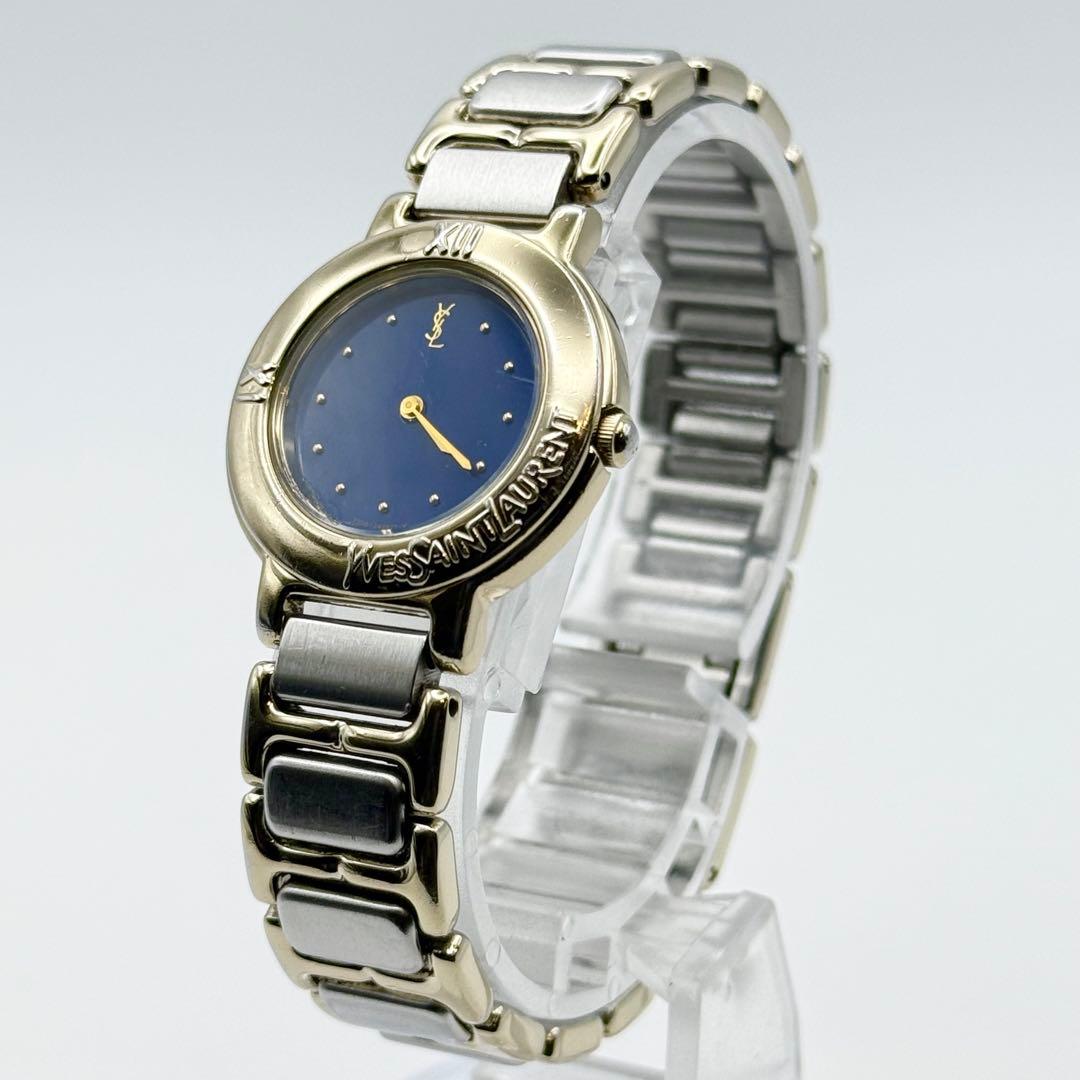 ✨新品電池・稼働✨サンローラン 腕時計 クォーツ ラウンド コンビ 青文字盤