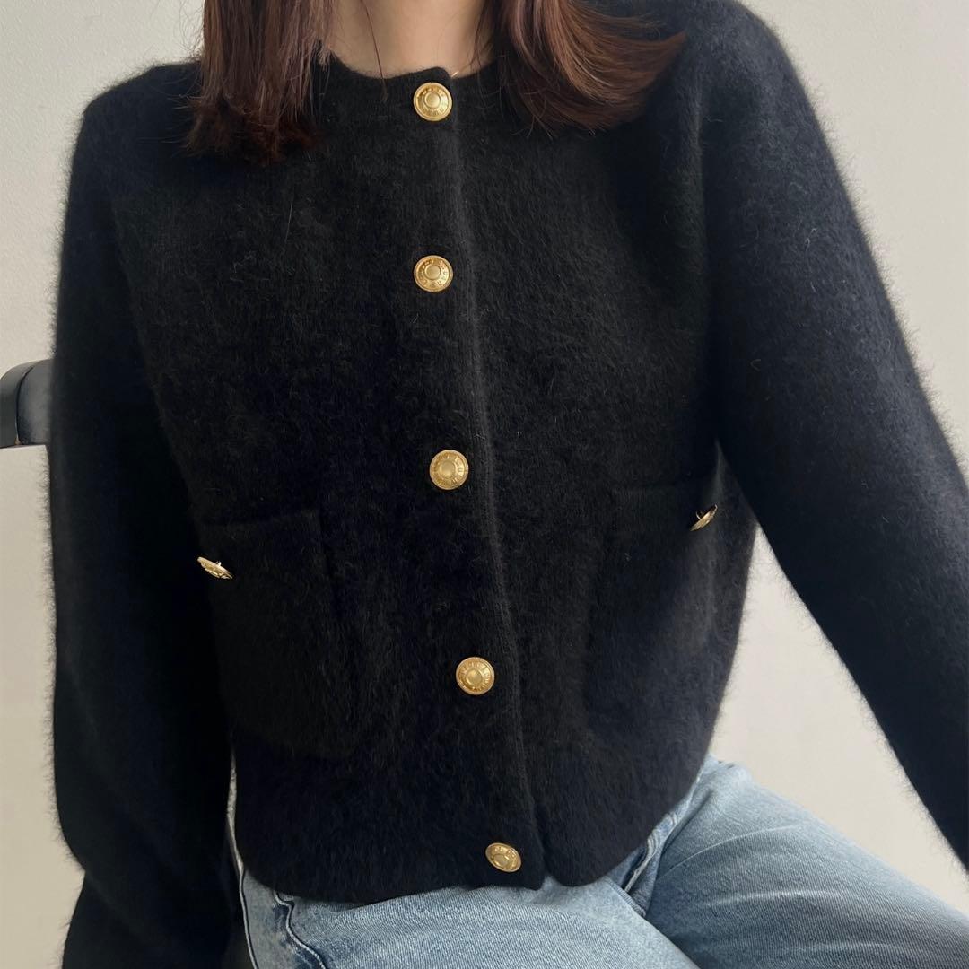 anuans ラクーンブレンドノーカラーニットジャケット ブラック　カーディガン