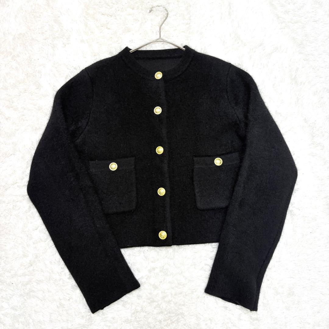 anuans ラクーンブレンドノーカラーニットジャケット ブラック　カーディガン