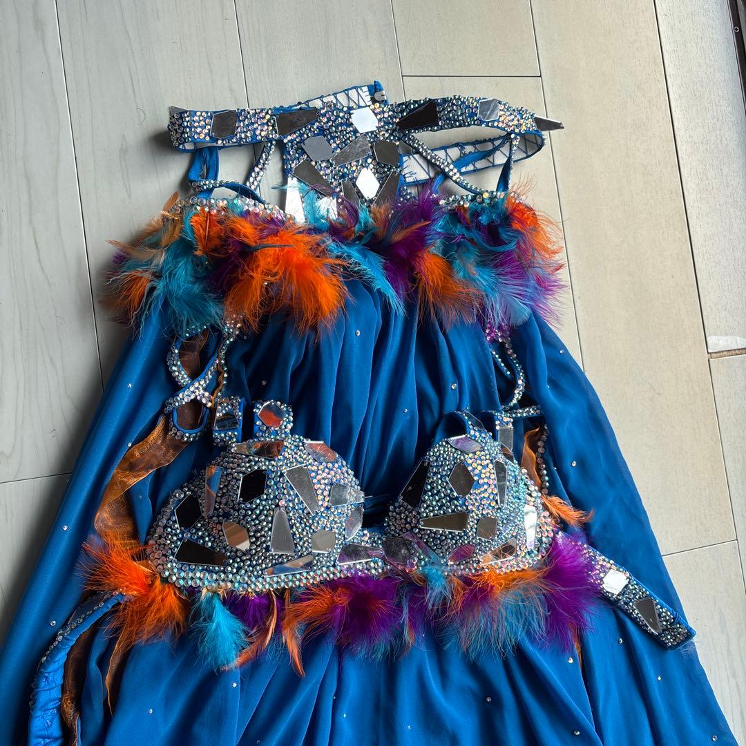 エジプトベリーダンス セットアップ 青オレンジ　羽