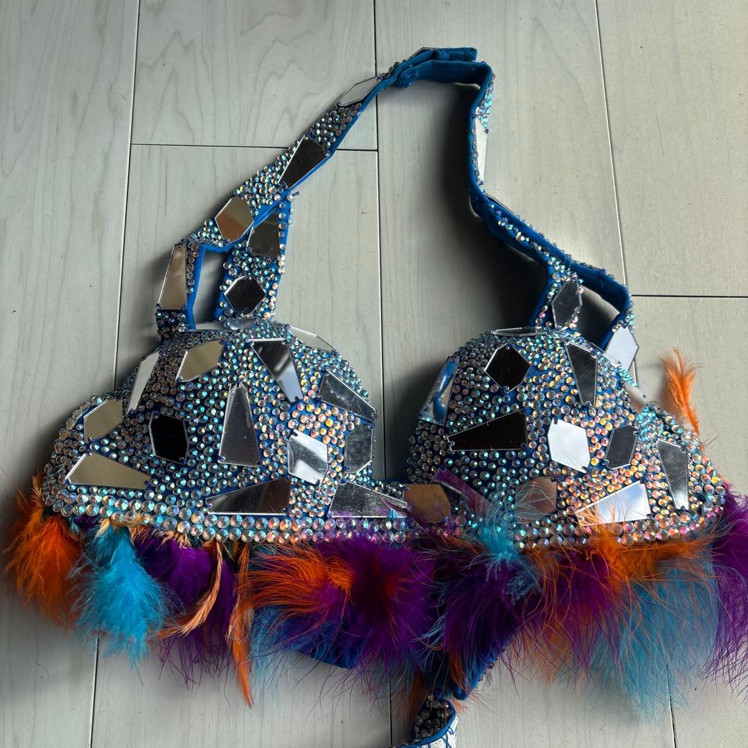 エジプトベリーダンス セットアップ 青オレンジ　羽