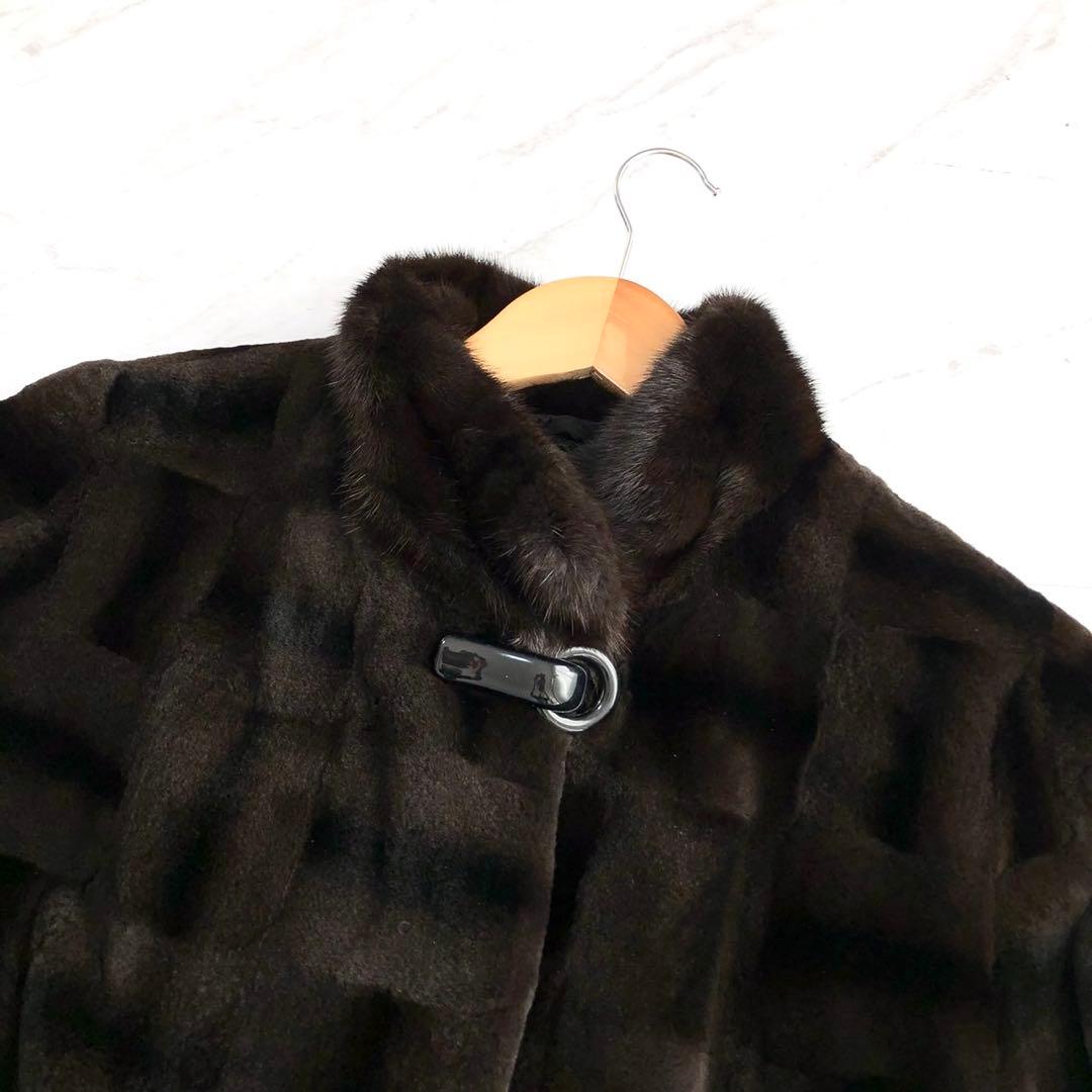 美品✨シェアードミンク チェック 本毛皮 リアルファーコート ブラウン系