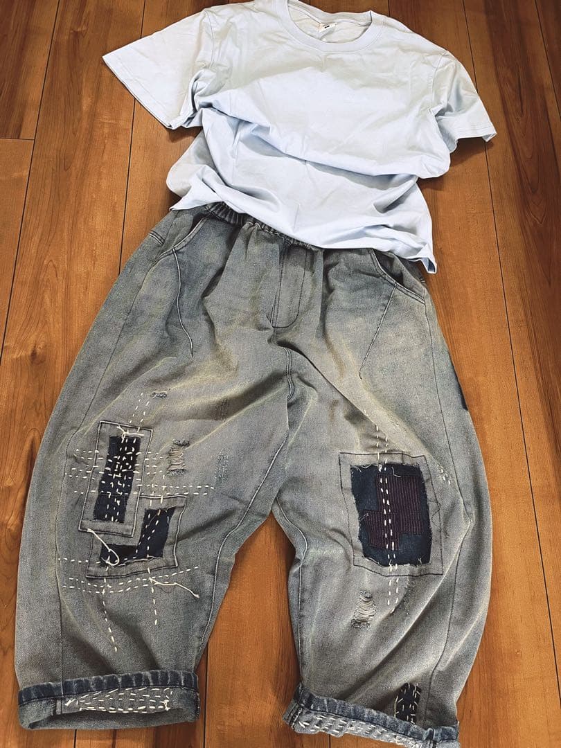 アンティーク調パッチワーク襤褸ゆったり男女通用パンツ