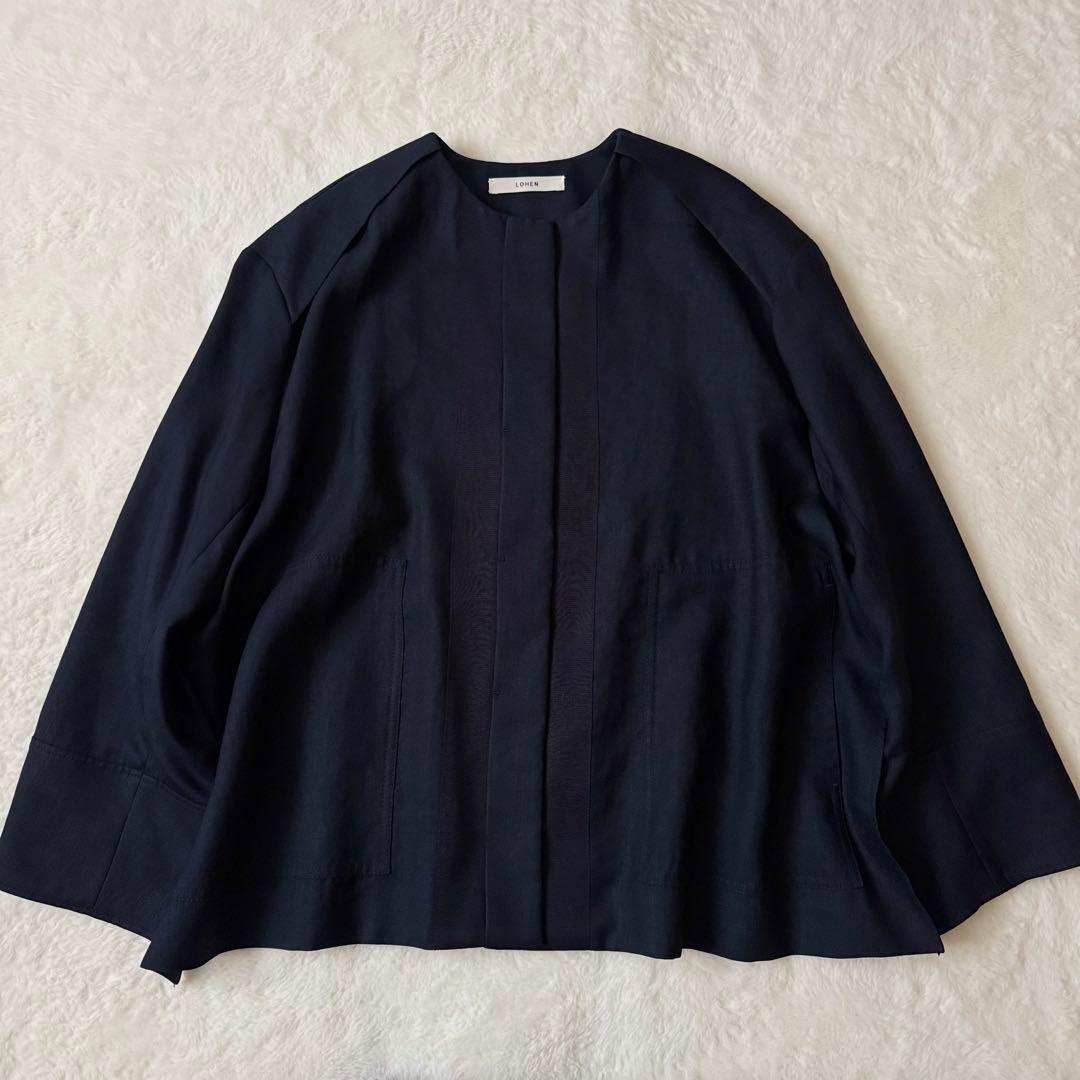 美品　LOHEN テントシルエット　ノーカラージャケット　ネイビー　サイズフリー
