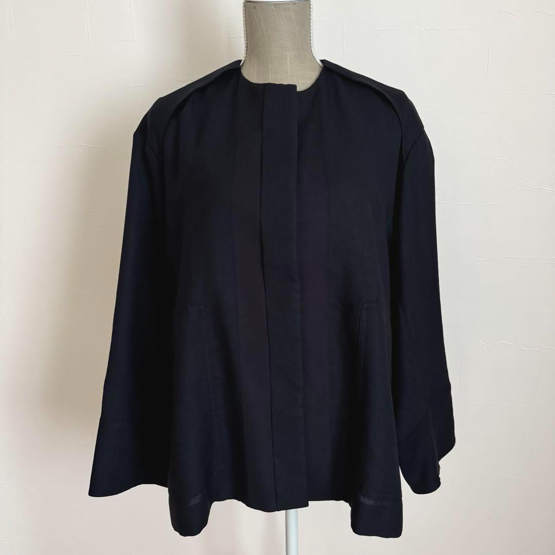 美品　LOHEN テントシルエット　ノーカラージャケット　ネイビー　サイズフリー