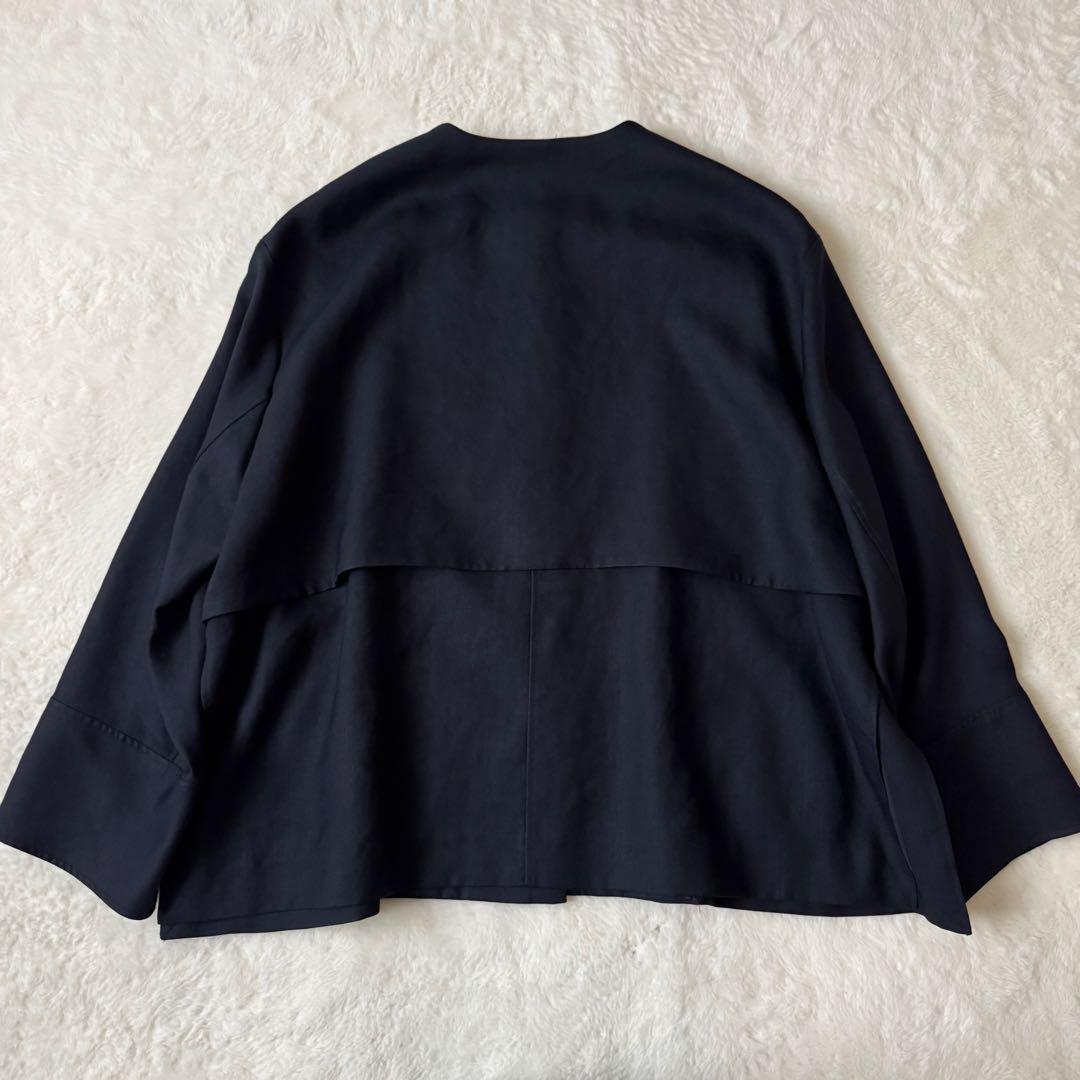 美品　LOHEN テントシルエット　ノーカラージャケット　ネイビー　サイズフリー