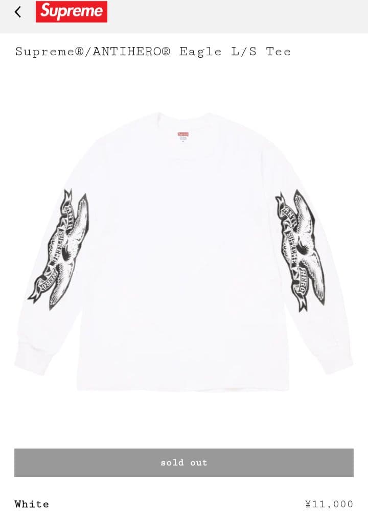 Supreme / ANTIHERO EAGLE L/S TEE (M) 白
