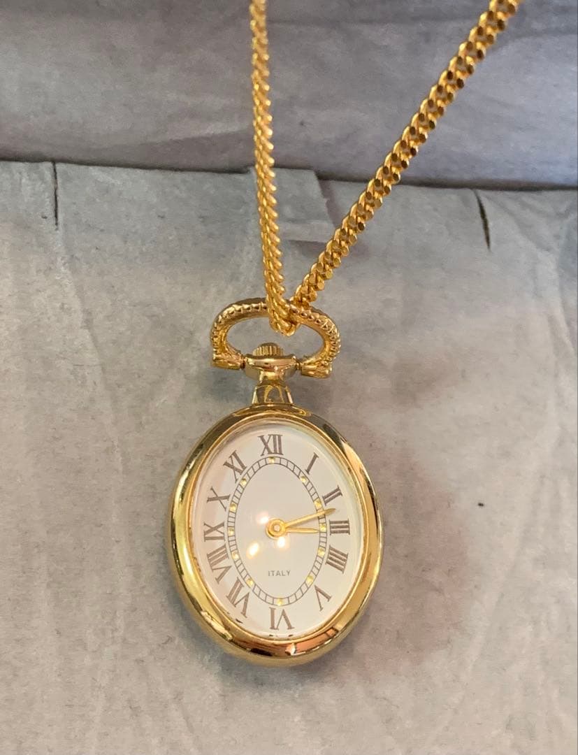 希少ITALYヴィンテージ貴婦人横顔カメオ懐中時計65cm美品動作確認済み