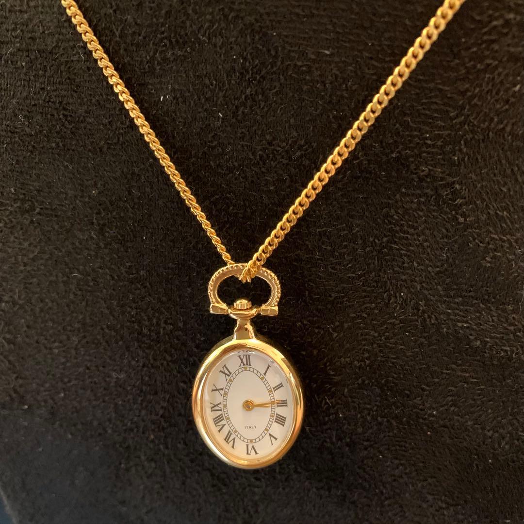 希少ITALYヴィンテージ貴婦人横顔カメオ懐中時計65cm美品動作確認済み