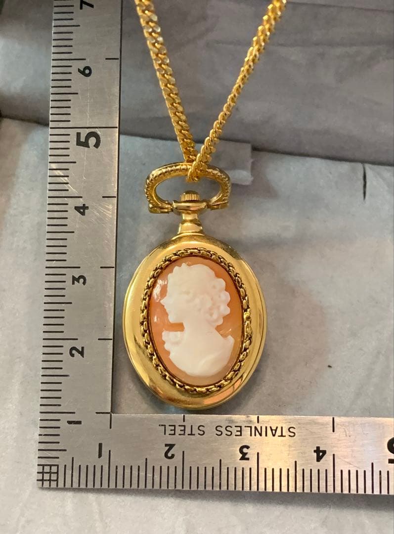 希少ITALYヴィンテージ貴婦人横顔カメオ懐中時計65cm美品動作確認済み