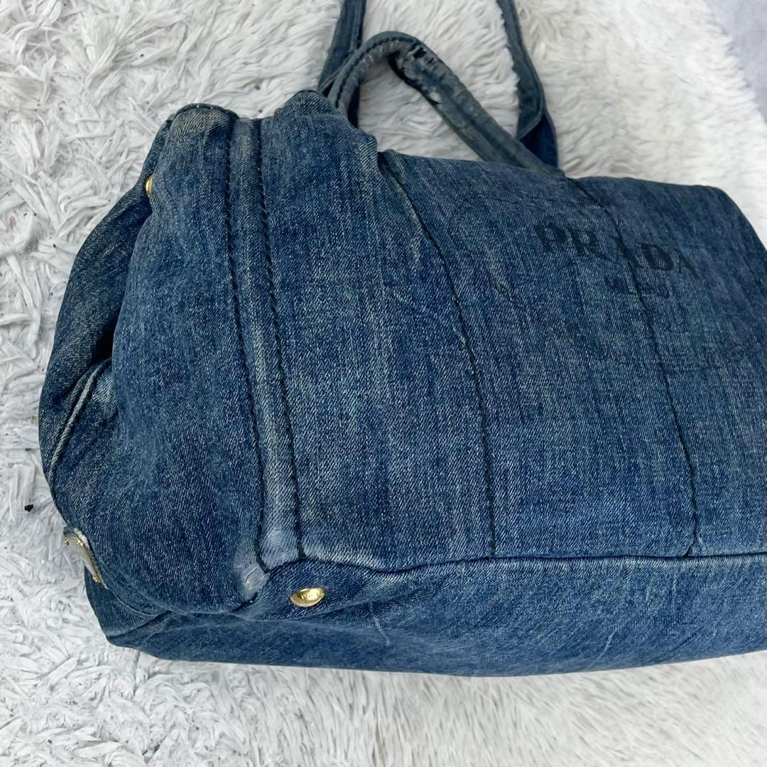 A4可 美品 プラダ デニム トートバッグ カナパ 3角プレート ロゴ金具 紺